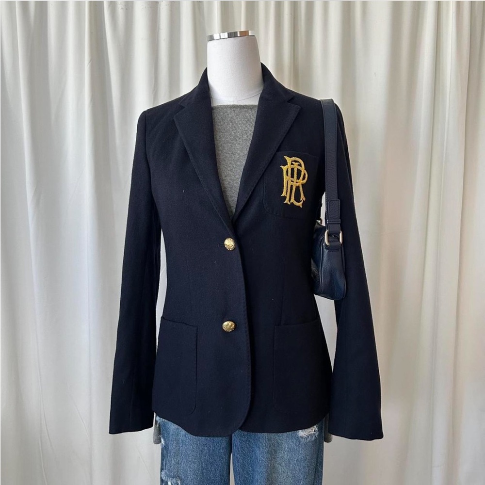 Navy blue Ralph Lauren blazer wool cashmere with gold embroidered monogram. - Picture 2 of 8